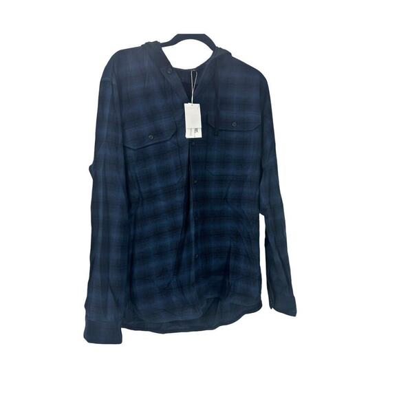 VINCE Men's Tonal Shadow Plaid Hooded Shirt In Blue Size M NWT - Picture 5 of 12